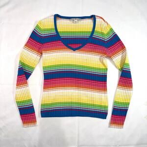 Vintage Tommy Hilfiger Colorful Striped Ribbed V-Neck Sweater Size Medium